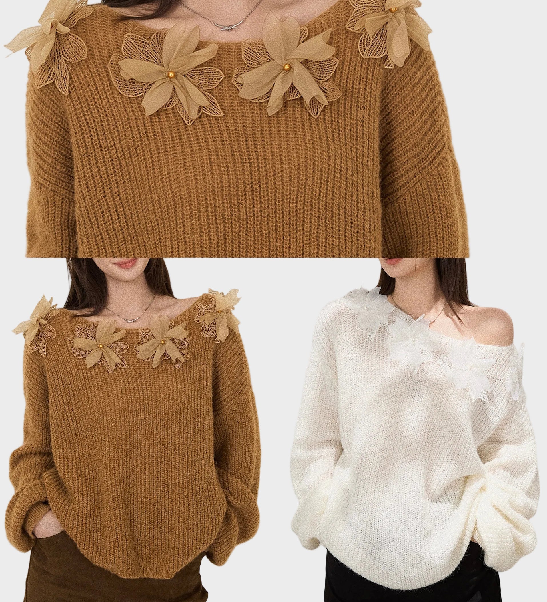 Μερσέντες | Μποέμ Λευκό Oversized Floral Διακοσμημένο Πλεκτό Τοπ Φθινόπωρο