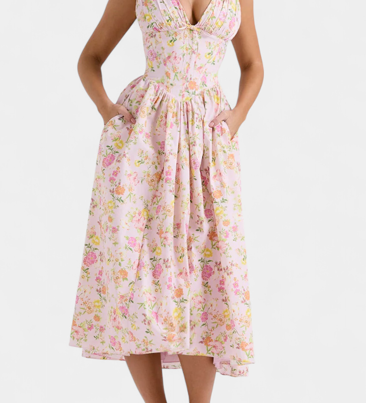 Margie Μίντι Φόρεμα με Λαιμόκοψη V και Ρομαντική Φλοράλ Στάμπα