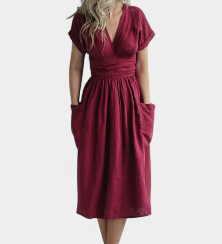 Cressida Βαμβακερό Φόρεμα με Λαιμόκοψη V και Ρυθμιζόμενη Μέση